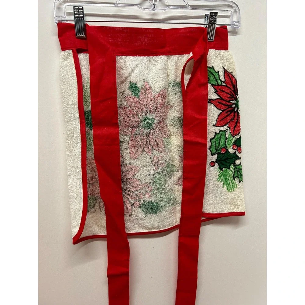 Christmas Holiday Apron, Poinsettias, Terry‎ Cloth Handmade, Small 16